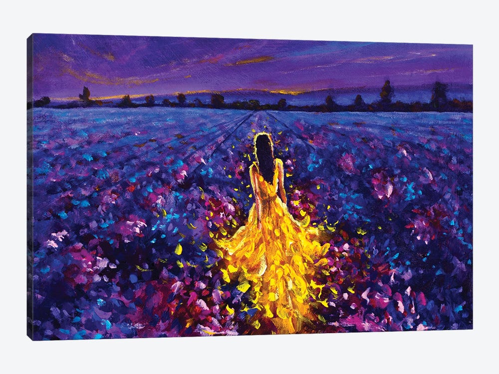 Bright Glowing Girl Walks Through The Night Lavender Field by Valery Rybakow 1-piece Canvas Print