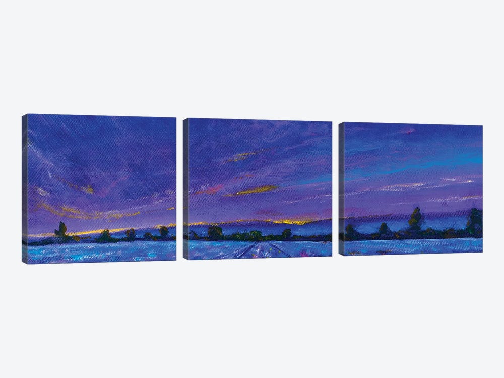 Panorama Banner Blue Violet Sunset Dawn Over Lavender Field by Valery Rybakow 3-piece Canvas Art