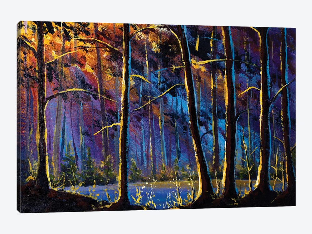 Sunny River In Forest Lit By Sun. Large Trees In Sunny Forest by Valery Rybakow 1-piece Canvas Art
