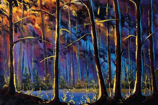 Valery Rybakow: Sunny River In Forest Lit By Sun. Large Trees In Sunny Forest by Valery Rybakow