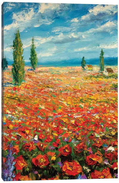 Red Flowers Landscape Canvas Art Print - Cypress Tree Art