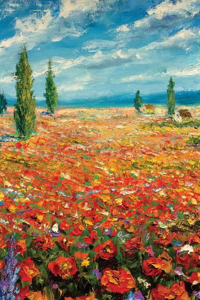Valery Rybakow: Red Flowers Landscape by Valery Rybakow