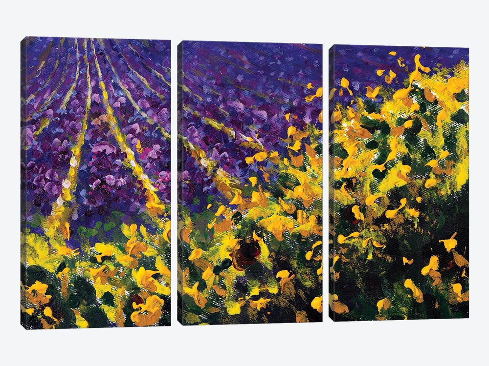 Flower Meadow Yellow Sunny Wildflowers And Purple Lavender Field by Valery Rybakow 3-piece Canvas Print