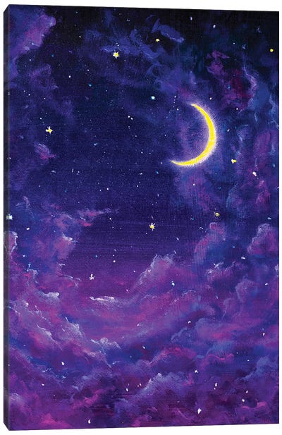 Big Glowing Moon And Velvet Violet Clouds In Starry Night Sky Canvas Art Print - Valery Rybakow