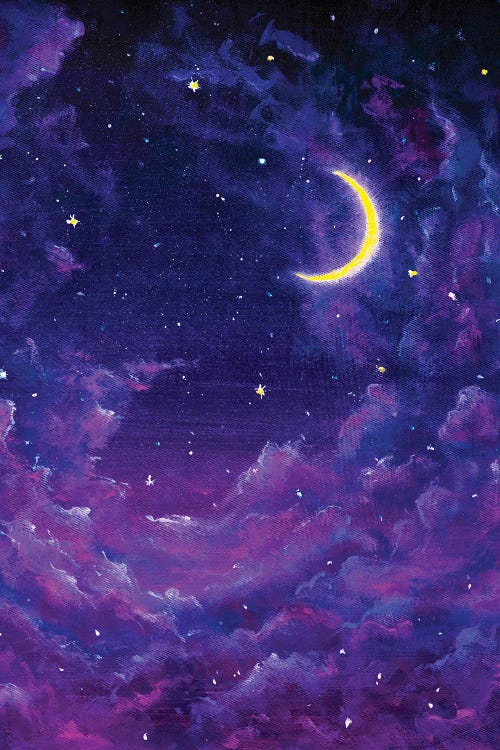 Big Glowing Moon And Velvet Violet Clouds In Starry Night Sky