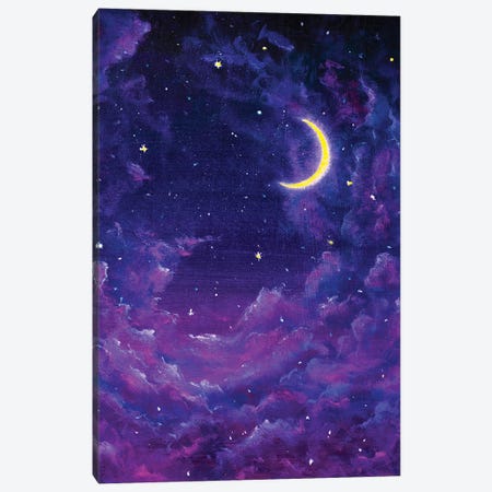 Big Glowing Moon And Velvet Violet Clouds In Starry Night Sky Canvas Print #VRY774} by Valery Rybakow Canvas Art Print