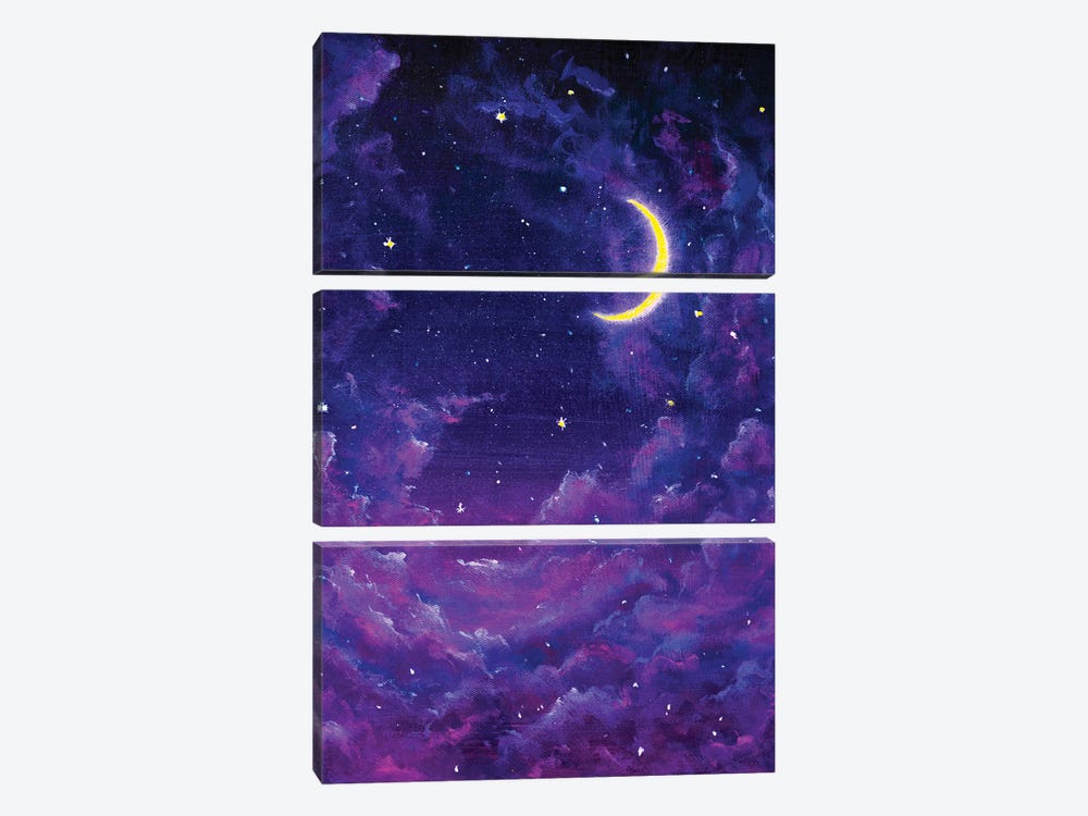 Big Glowing Moon And Velvet Violet Clouds In Starry Night Sky by Valery Rybakow 3-piece Canvas Art
