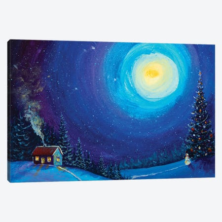 Christmas New Year Tree, House And Snowman In Winter Night Magic Forest Canvas Print #VRY777} by Valery Rybakow Canvas Print