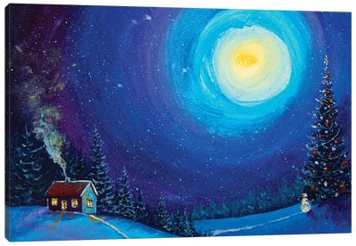 Christmas New Year Tree, House And Snowman In Winter Night Magic Forest Canvas Art Print - Snowman Art