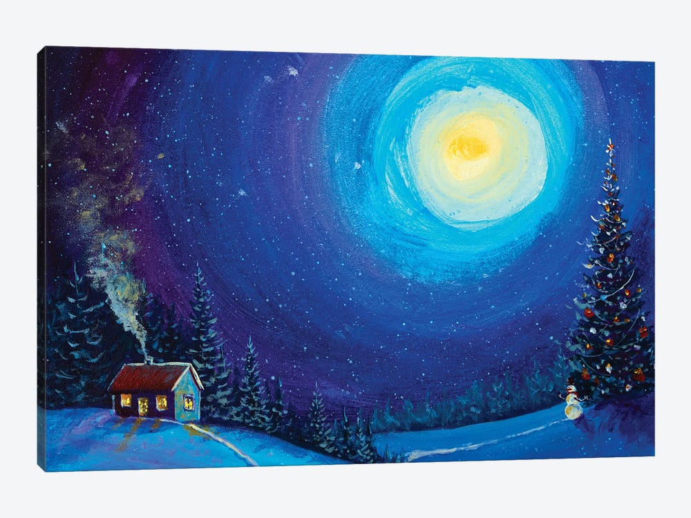 Christmas New Year Tree, House And Snowman In Winter Night Magic Forest by Valery Rybakow 1-piece Canvas Print