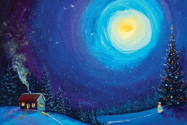 Valery Rybakow: Christmas New Year Tree, House And Snowman In Winter Night Magic Forest by Valery Rybakow
