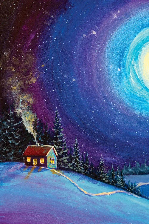 Christmas New Year House And Snowman In Winter Night Magic Forest