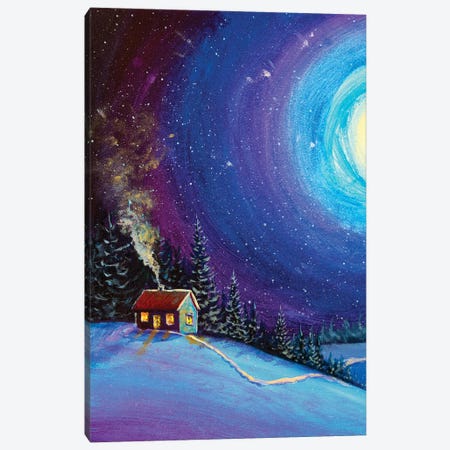 Christmas New Year House And Snowman In Winter Night Magic Forest Canvas Print #VRY778} by Valery Rybakow Canvas Wall Art