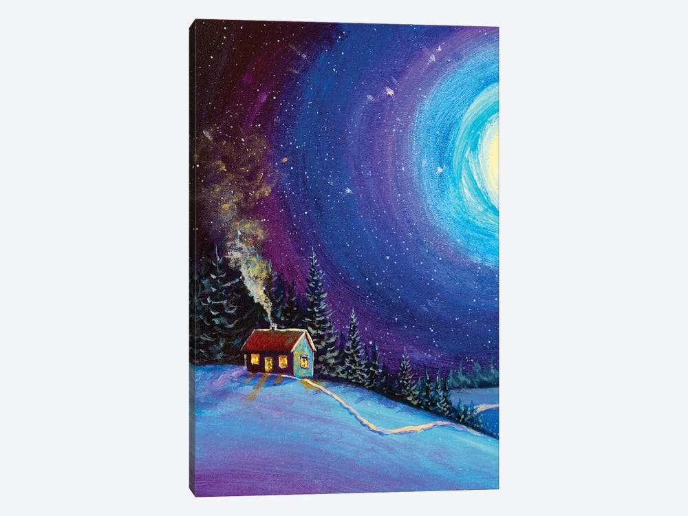 Christmas New Year House And Snowman In Winter Night Magic Forest by Valery Rybakow 1-piece Canvas Artwork