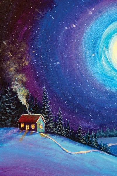 Christmas New Year House And Snowman In Winter Night Magic Forest