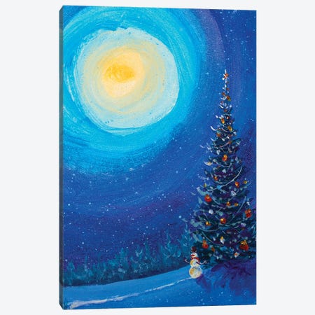 Christmas New Year Snowman In Winter Night Canvas Print #VRY779} by Valery Rybakow Canvas Artwork
