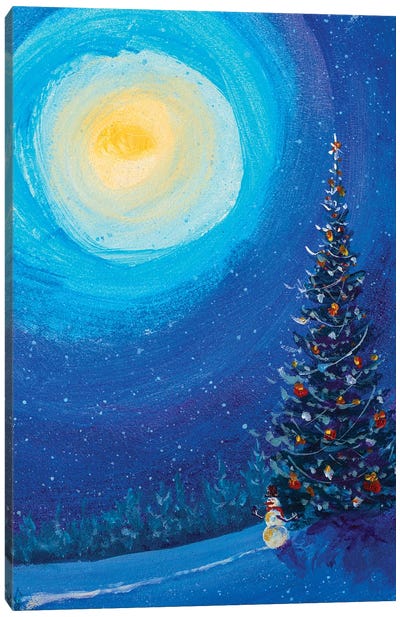 Christmas New Year Snowman In Winter Night Canvas Art Print - Christmas Scenes