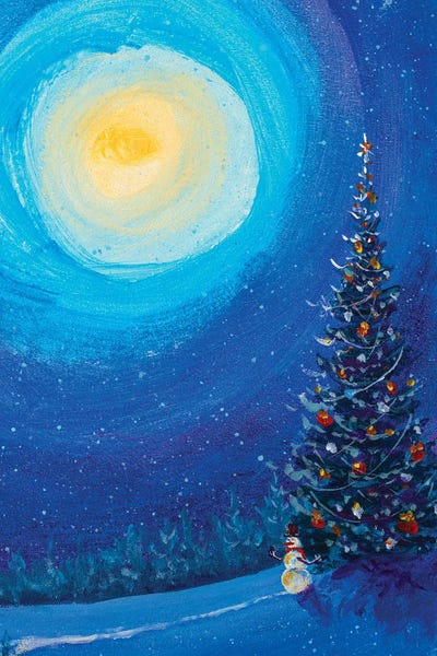 Pine Trees: Christmas New Year Snowman In Winter Night by Valery Rybakow