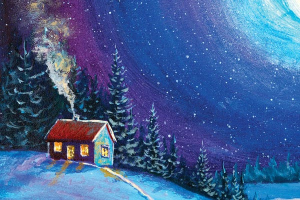 Valery Rybakow: Christmas New Year House In Winter Night by Valery Rybakow