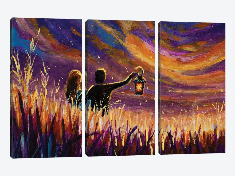 Meeting Lovers In The Romantic Night by Valery Rybakow 3-piece Canvas Wall Art