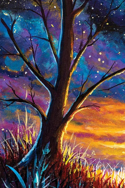 Valery Rybakow: Big Tree In The Night At Sunset by Valery Rybakow