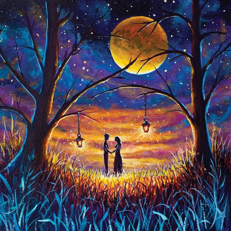 Romantic Lovers On Night Field In Tall Grass By Starry Night At Sunset With Big Moon