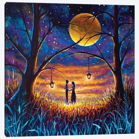 Romantic Lovers On Night Field In Tall Grass By Starry Night At Sunset With Big Moon Canvas Print #VRY787} by Valery Rybakow Canvas Wall Art