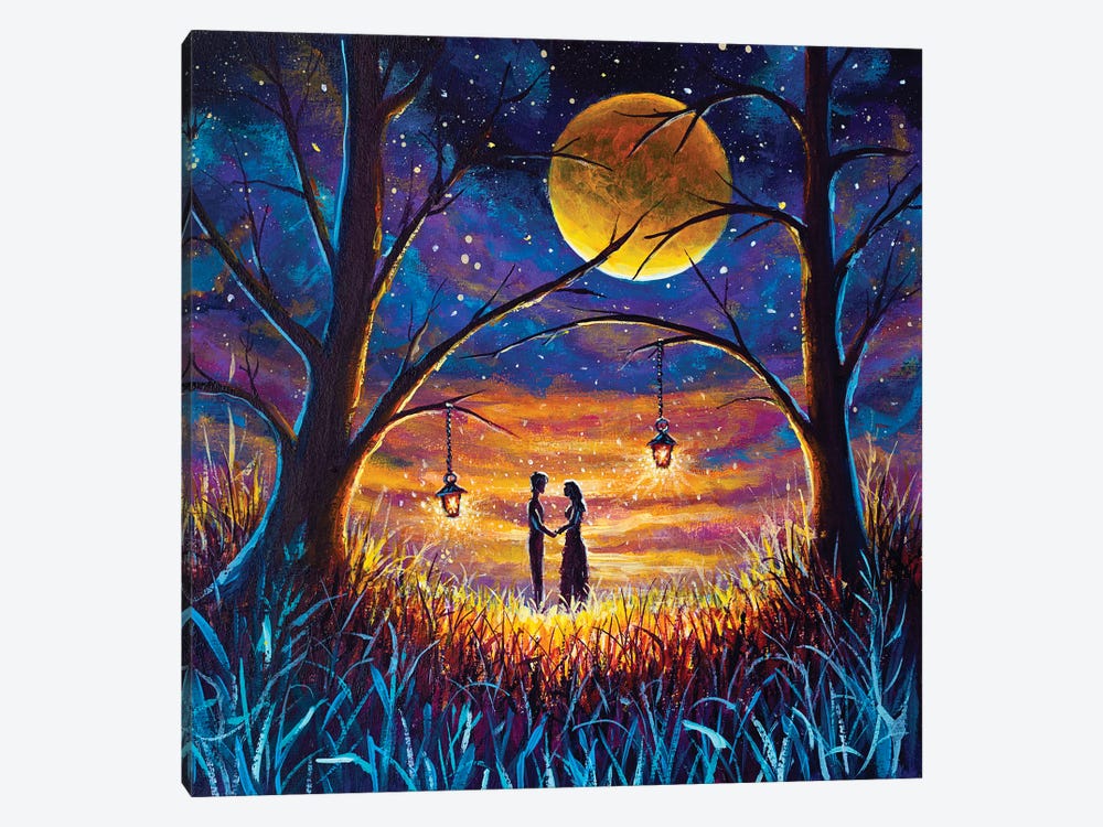 Romantic Lovers On Night Field In Tall Grass By Starry Night At Sunset With Big Moon by Valery Rybakow 1-piece Canvas Wall Art