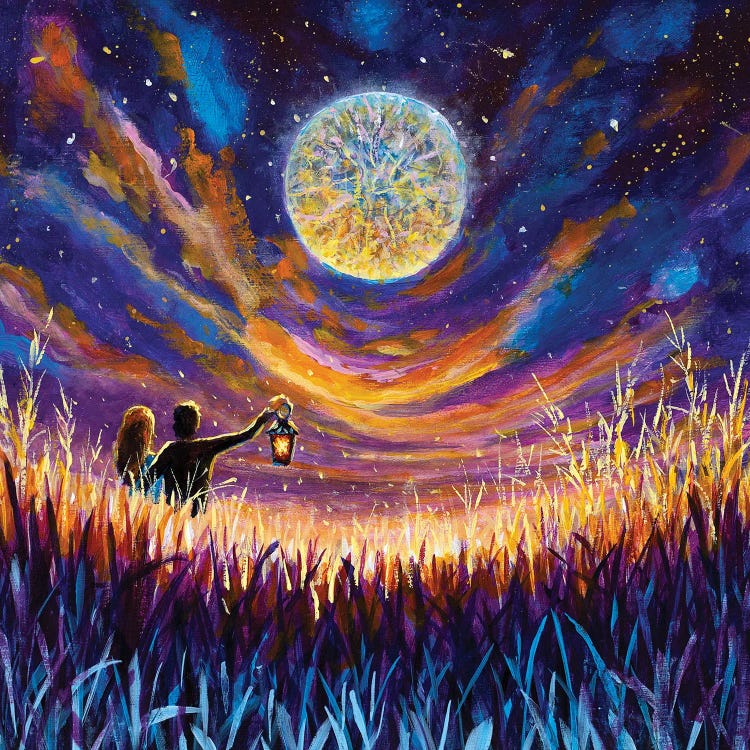 Lovers On Night Field In Tall Grass At Sunset With Big Moon