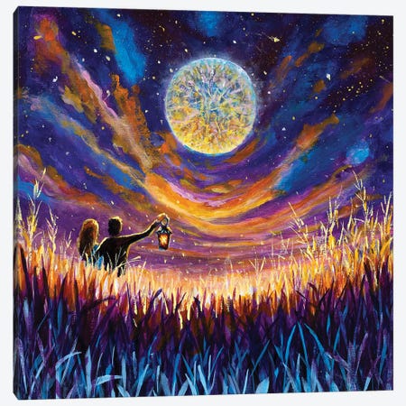 Lovers On Night Field In Tall Grass At Sunset With Big Moon Canvas Print #VRY790} by Valery Rybakow Canvas Wall Art