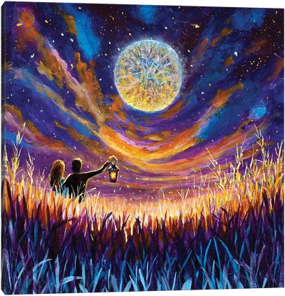 Lovers On Night Field In Tall Grass At Sunset With Big Moon Canvas Art Print - Valery Rybakow