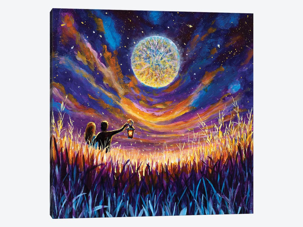 Lovers On Night Field In Tall Grass At Sunset With Big Moon by Valery Rybakow 1-piece Canvas Art