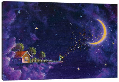 Mystic Fabulous House In Purple Night Clouds In The Starry Sky And The Girl Canvas Art Print - Indigo Art