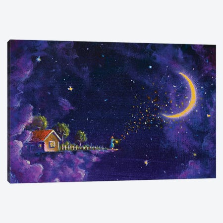 Mystic Fabulous House In Purple Night Clouds In The Starry Sky And The Girl Canvas Print #VRY791} by Valery Rybakow Canvas Wall Art