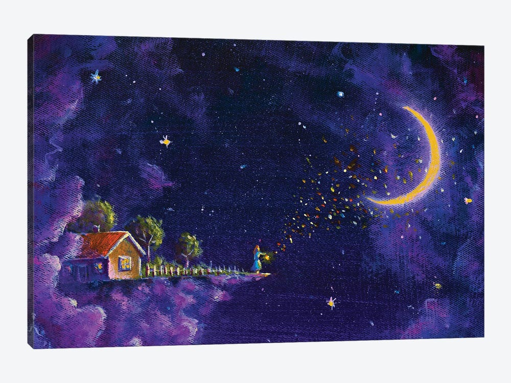 Mystic Fabulous House In Purple Night Clouds In The Starry Sky And The Girl by Valery Rybakow 1-piece Canvas Print