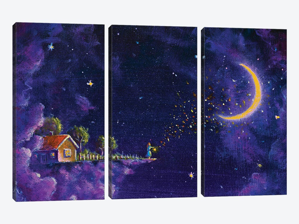 Mystic Fabulous House In Purple Night Clouds In The Starry Sky And The Girl by Valery Rybakow 3-piece Canvas Art Print