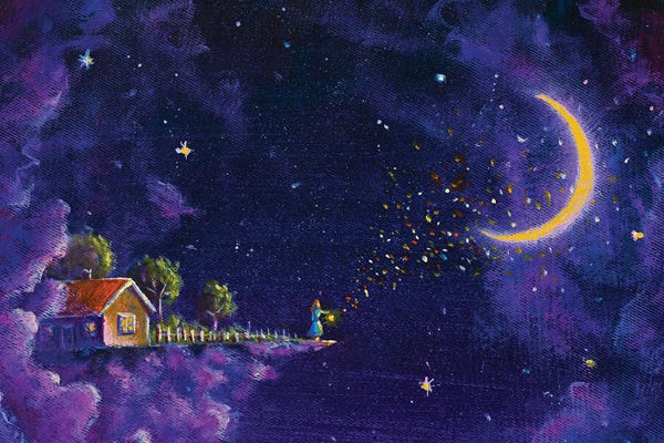 Blue: Mystic Fabulous House In Purple Night Clouds In The Starry Sky And The Girl by Valery Rybakow