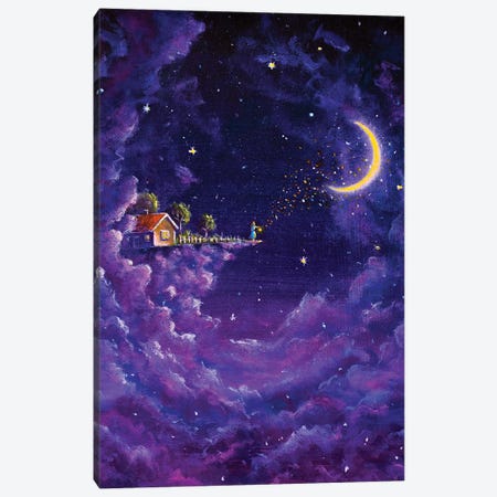 Mystic Fabulous House In Purple Night Clouds And The girl Sends Love To The Big Moon Canvas Print #VRY792} by Valery Rybakow Canvas Wall Art