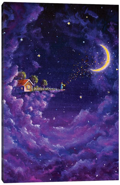 Mystic Fabulous House In Purple Night Clouds And The girl Sends Love To The Big Moon Canvas Art Print - Fairy Art