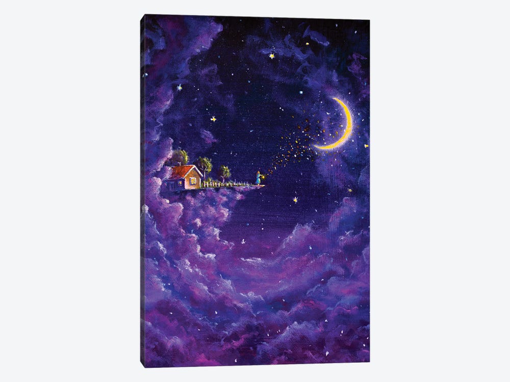 Mystic Fabulous House In Purple Night Clouds And The girl Sends Love To The Big Moon by Valery Rybakow 1-piece Canvas Art