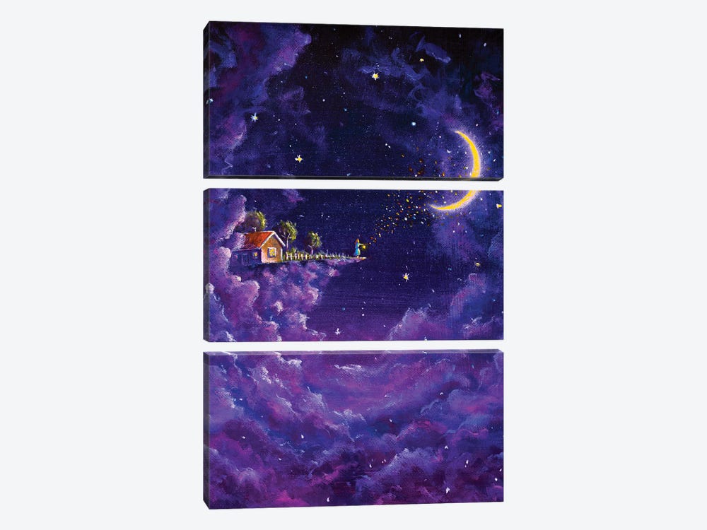 Mystic Fabulous House In Purple Night Clouds And The girl Sends Love To The Big Moon by Valery Rybakow 3-piece Canvas Wall Art