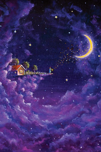 Fairies: Mystic Fabulous House In Purple Night Clouds And The girl Sends Love To The Big Moon by Valery Rybakow