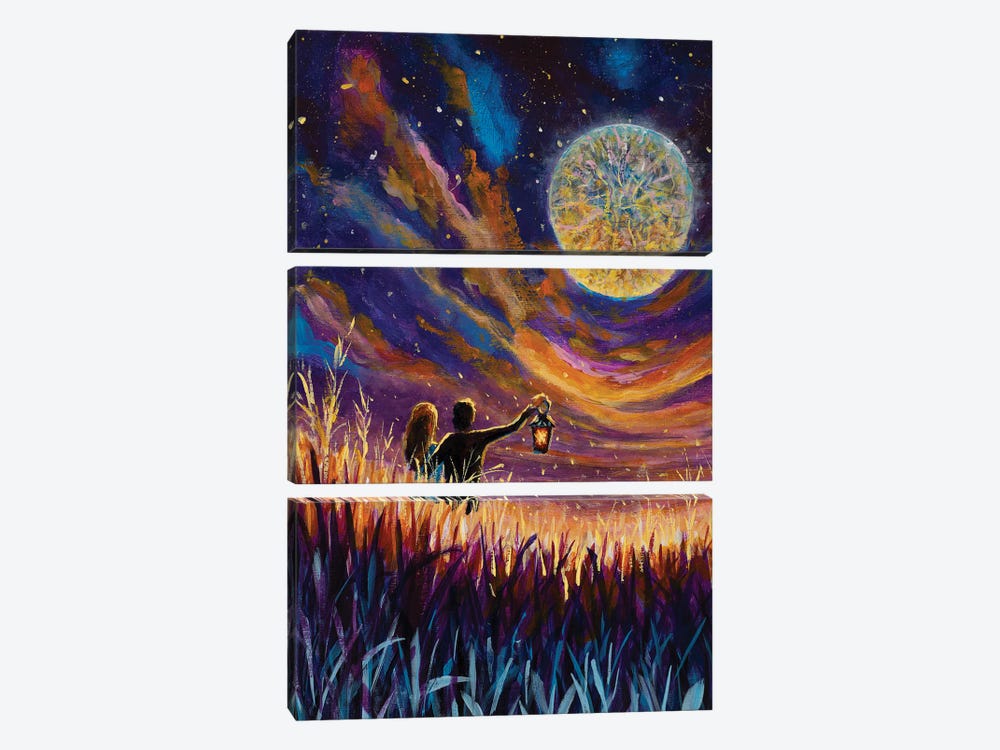Date Of Lovers In Light Of Lanterns And Large Moon In Forest by Valery Rybakow 3-piece Canvas Artwork