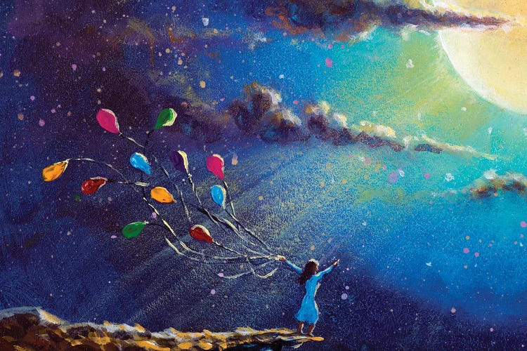 Romantic Girl With Colorful Balloons In Night On Blue Sea