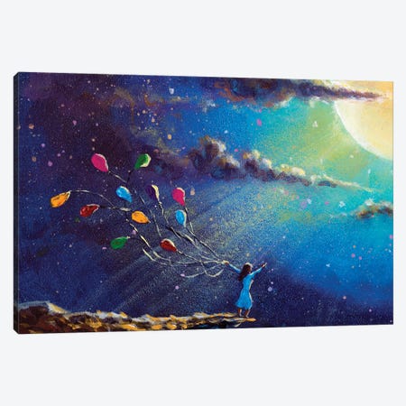 Romantic Girl With Colorful Balloons In Night On Blue Sea Canvas Print #VRY796} by Valery Rybakow Art Print