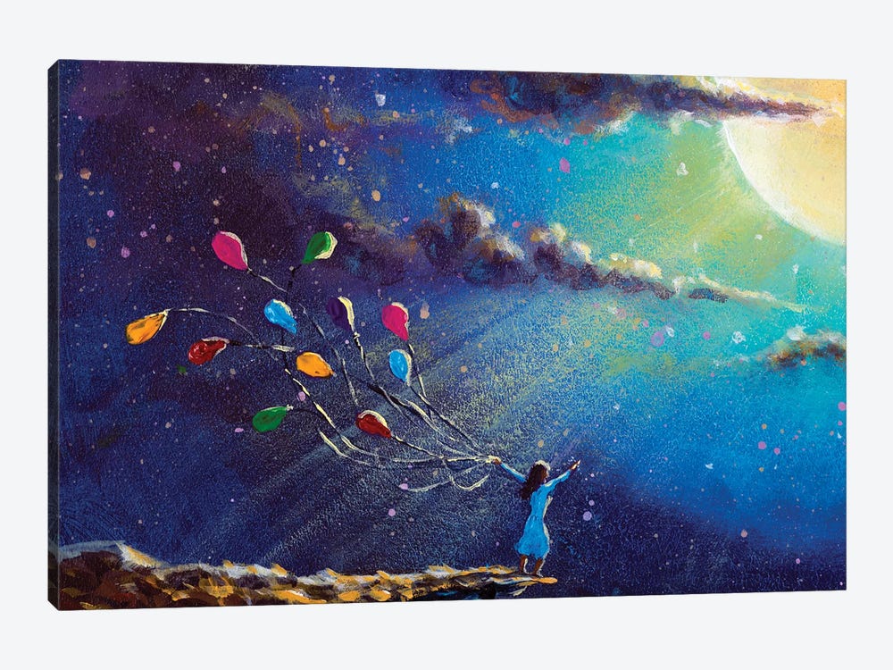 Romantic Girl With Colorful Balloons In Night On Blue Sea by Valery Rybakow 1-piece Canvas Wall Art