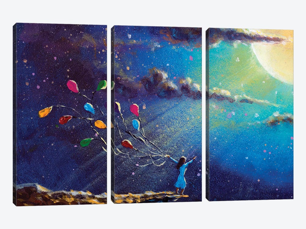 Romantic Girl With Colorful Balloons In Night On Blue Sea by Valery Rybakow 3-piece Canvas Wall Art