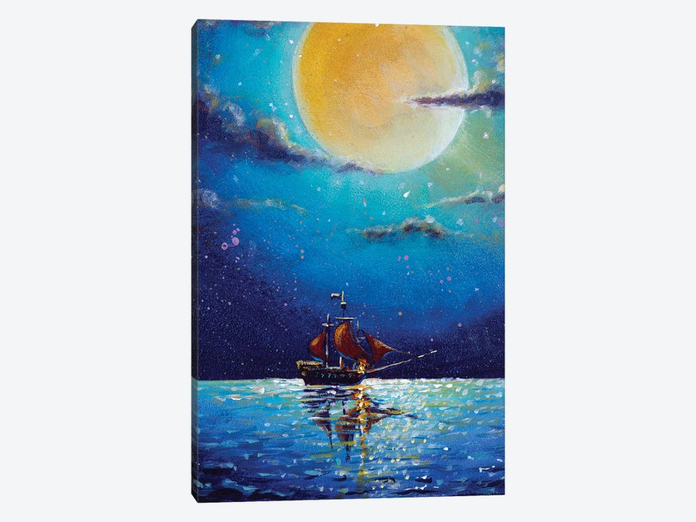 Mystic Pirate Ship With Red Sails Sailing In Night On Sea by Valery Rybakow 1-piece Art Print
