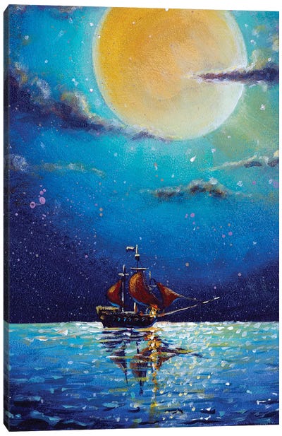 Mystic Pirate Ship With Red Sails Sailing In Night On Sea Canvas Art Print - Pirates
