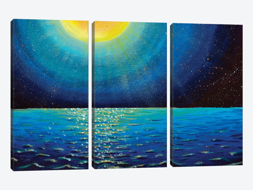Mystic Night Starry Sky Space Moon by Valery Rybakow 3-piece Canvas Wall Art
